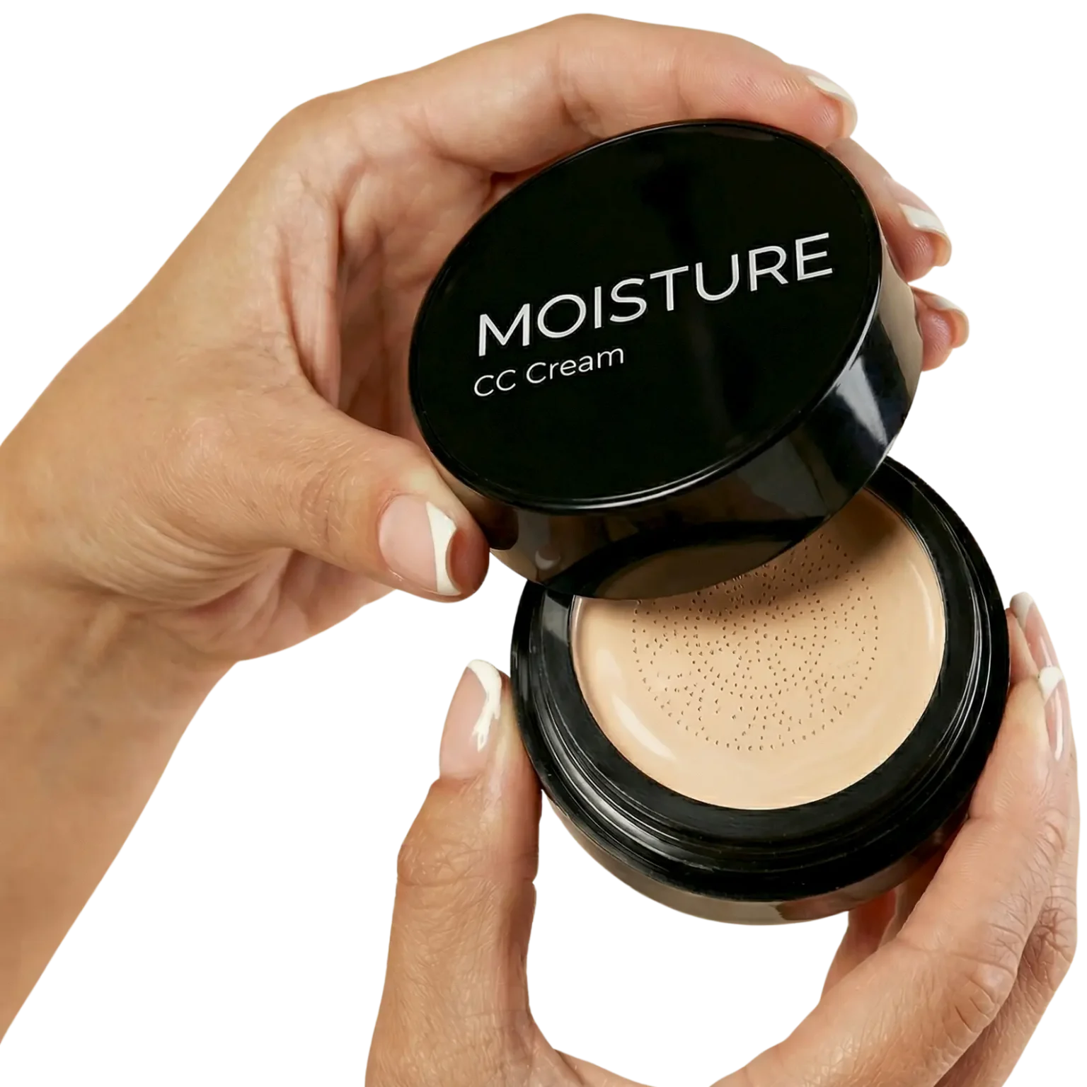 Moisture CC kremas su kempinėle rankose